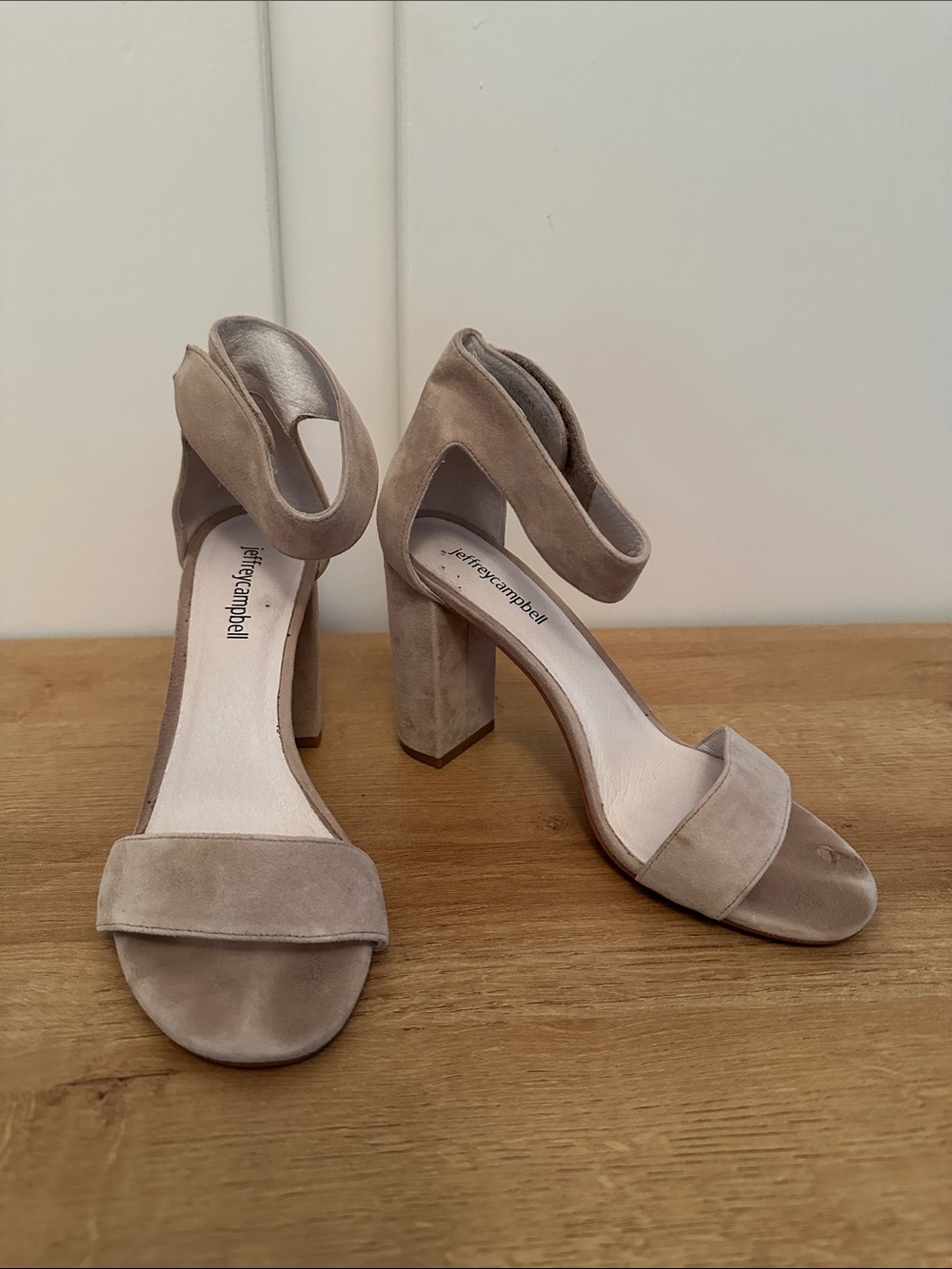 GUC Jeffrey Campbell Taupe Grey Suede Ankle Strap Block Heels